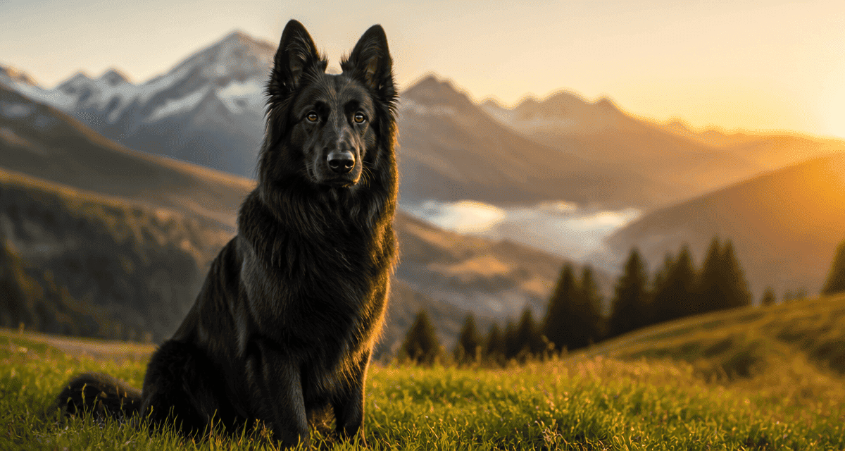 berger suisse noir assis sur prairie montagne