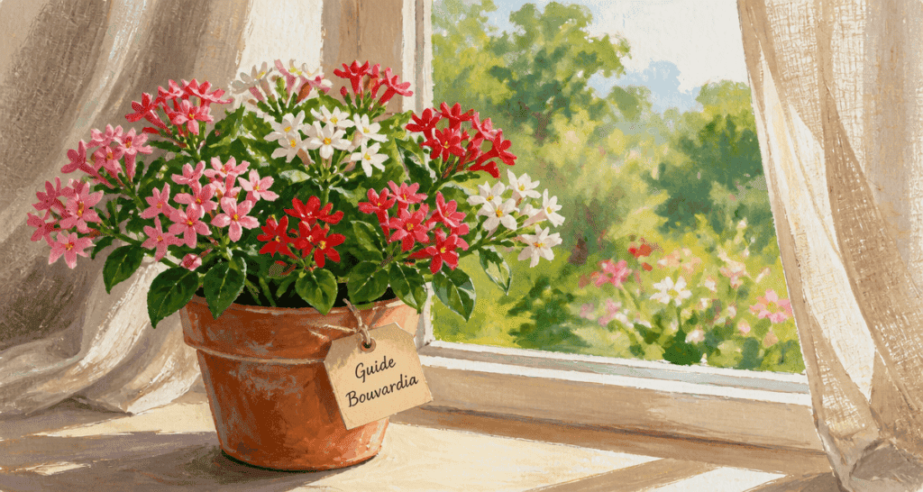 bouvardia en floraison sur rebord de fenêtre