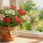 bouvardia en floraison sur rebord de fenêtre