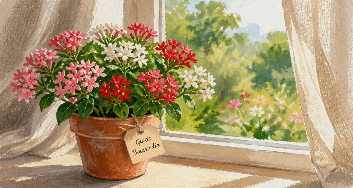 bouvardia en floraison sur rebord de fenêtre