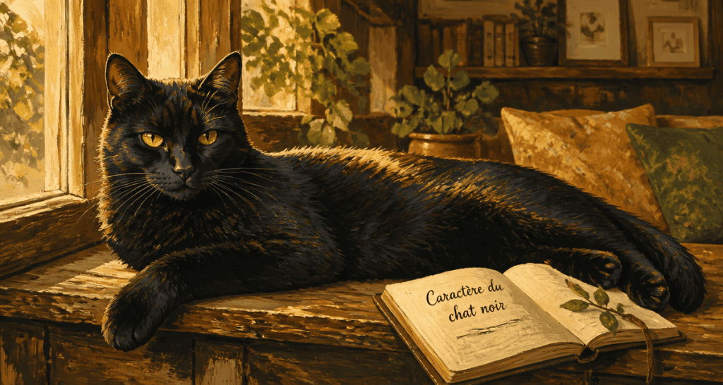 Chat noir caractère allongé sur rebord de fenêtre