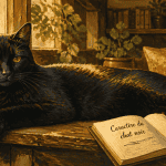 Chat noir caractère allongé sur rebord de fenêtre