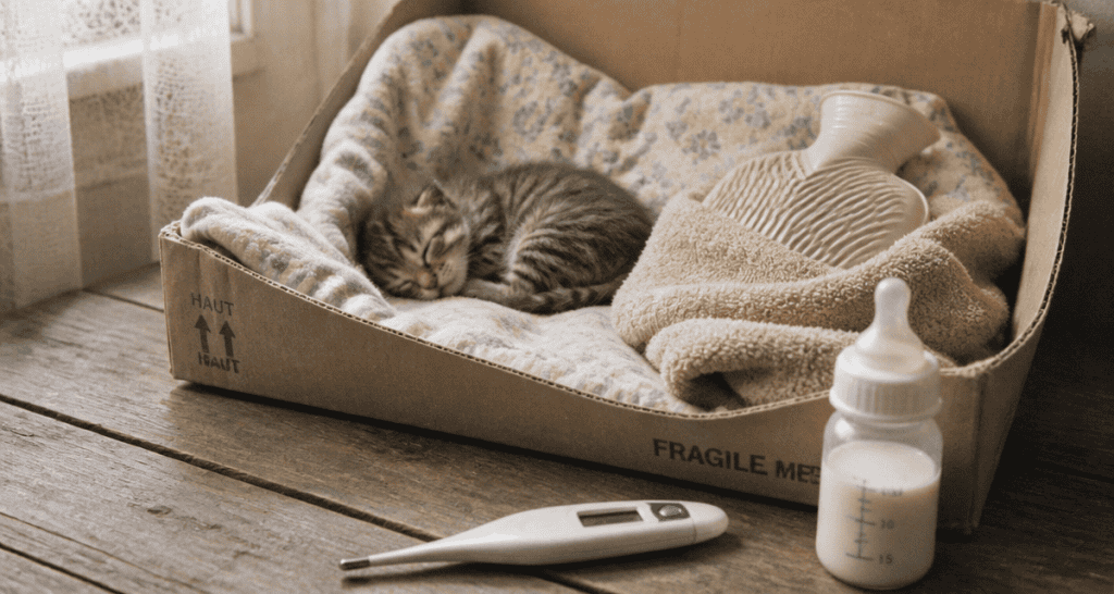 chaton non sevré tigré dans nid avec biberon et bouillotte
