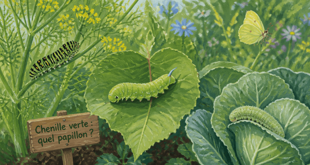 Chenille verte quel papillon sur feuilles au jardin
