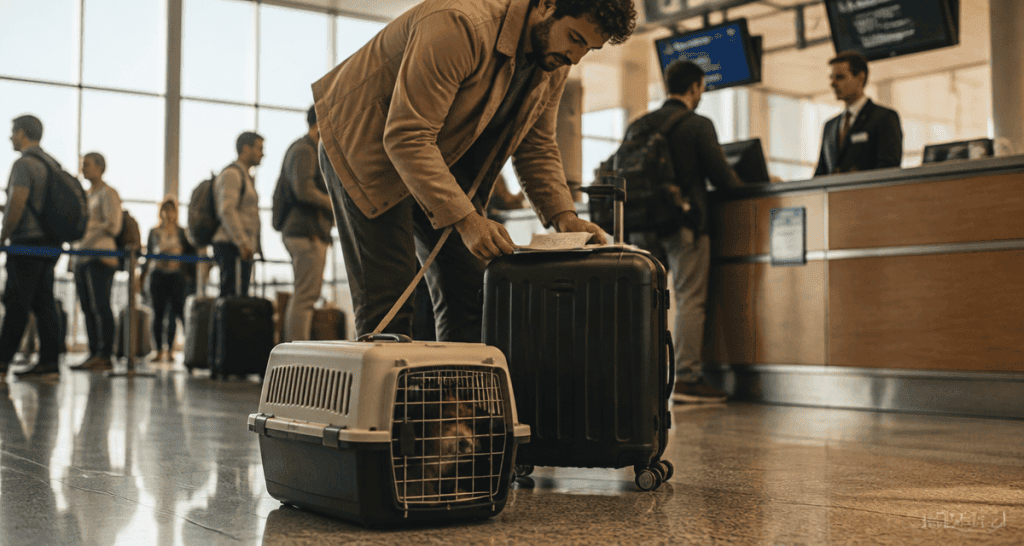 Chien par avion en cage IATA à l'aéroport