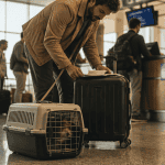 Chien par avion en cage IATA à l'aéroport