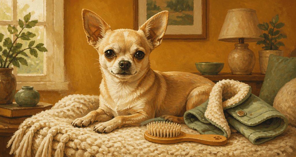 chihuahua poil court sur plaid avec brosse