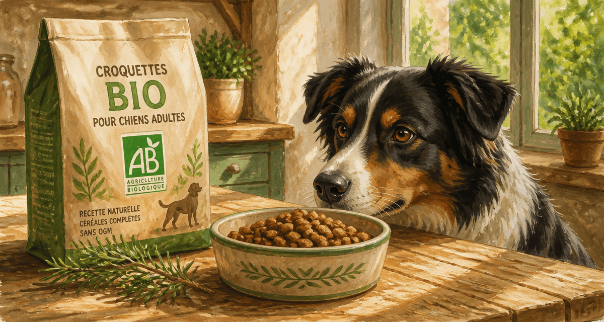 croquette chien bio label AB sur table en bois