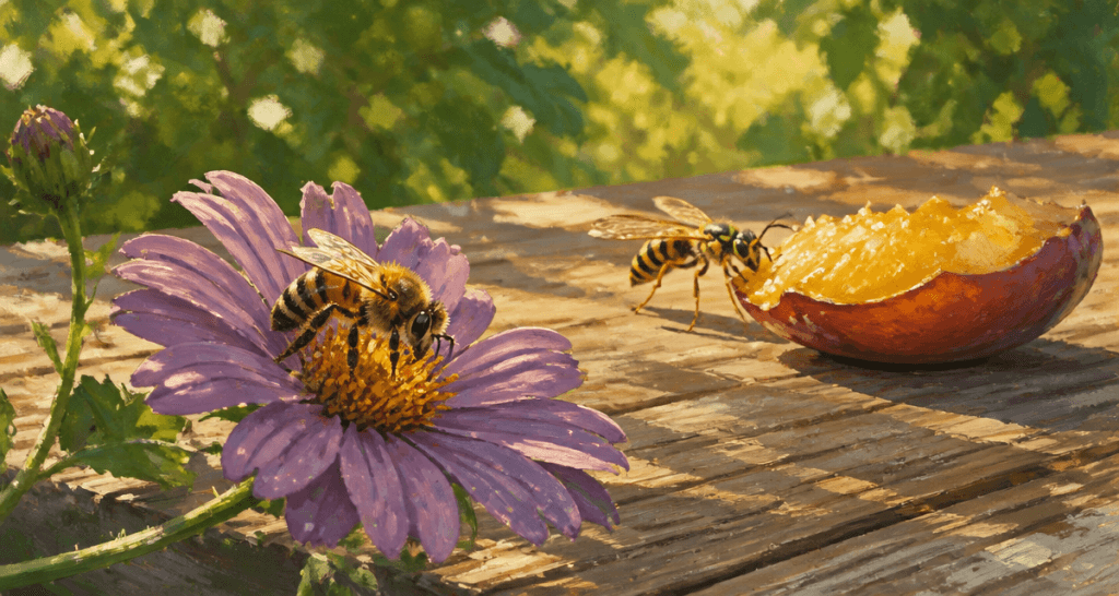 difference entre guepe et abeille sur une table de jardin