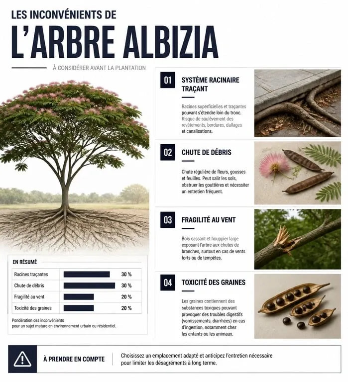 Infographie des inconvénients de l'Albizia : risques pour le jardin et conseils avant plantation