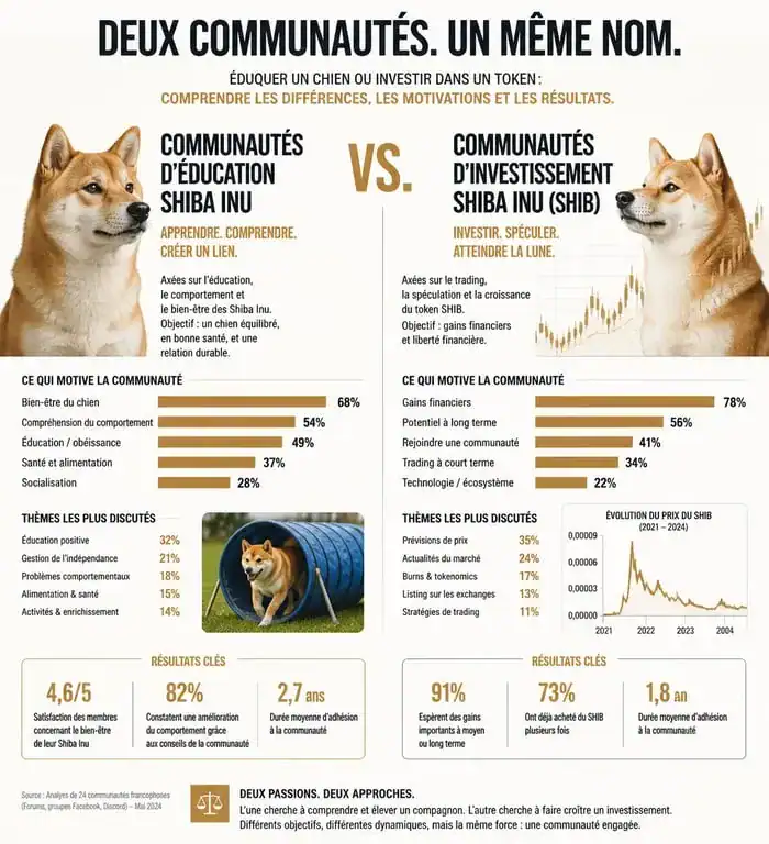 Infographie comparative des forums Shiba Inu : communautés canines vs investisseurs crypto