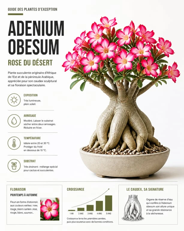 Adenium rose du désert en fleur avec son caudex caractéristique