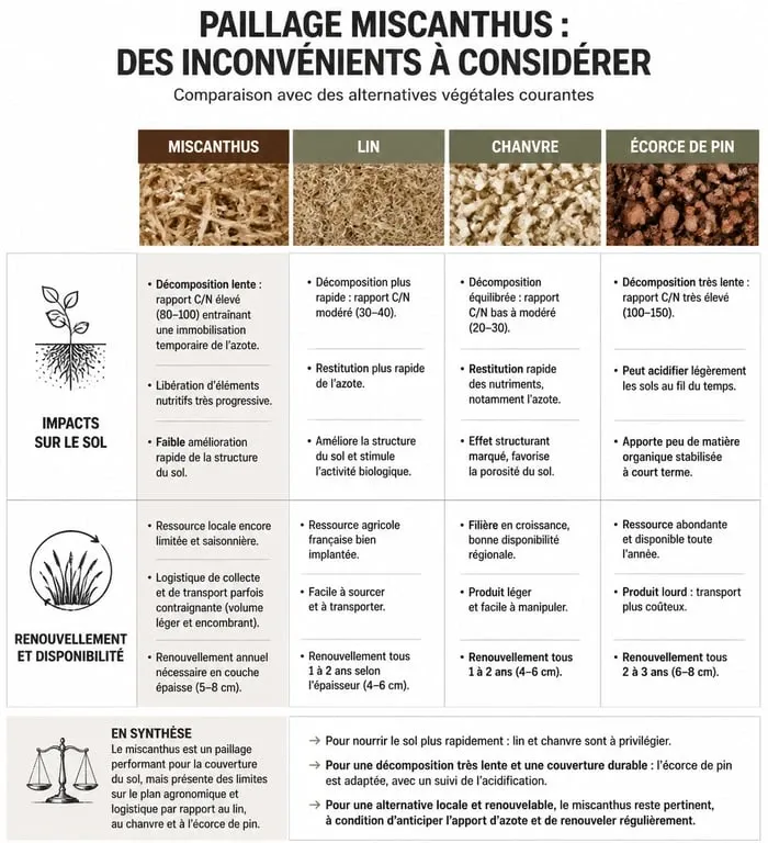 Infographie comparative des inconvénients du paillage miscanthus et alternatives pour le jardin