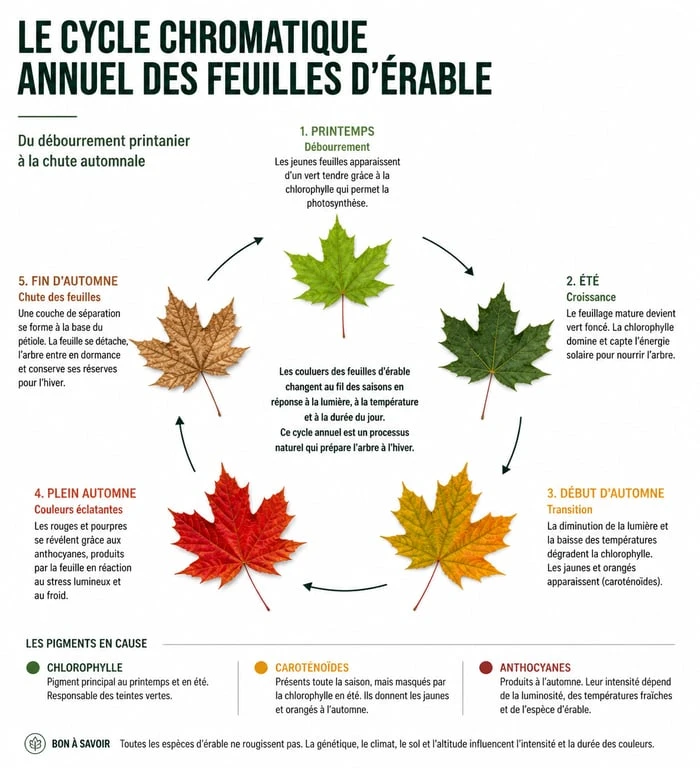 Cycle chromatique et évolution du feuillage d'érable au fil des saisons
