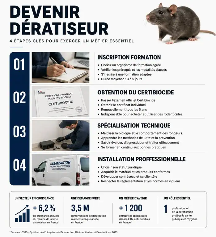 Infographie du parcours de formation pour devenir dératiseur professionnel