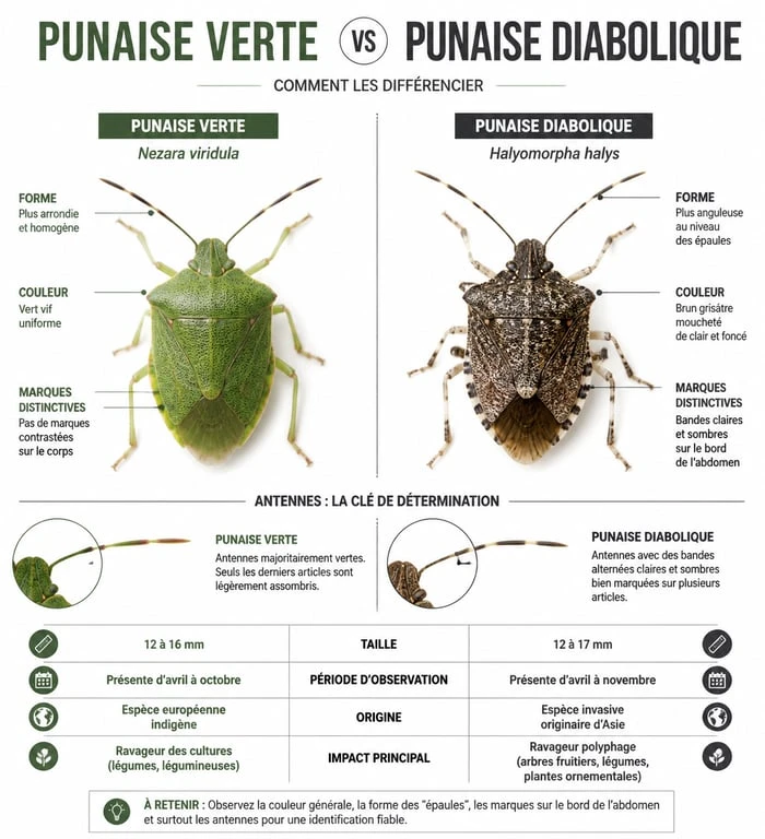 Infographie comparative pour l'identification de la punaise de jardin verte et de la punaise diabolique