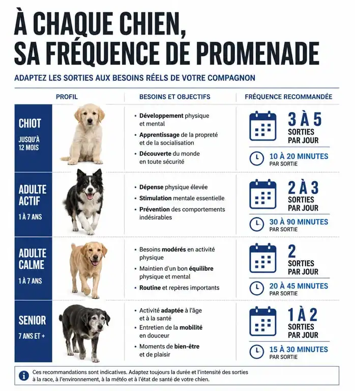 Infographie des besoins en fréquence de promenade pour chien selon l'âge et le niveau d'activité