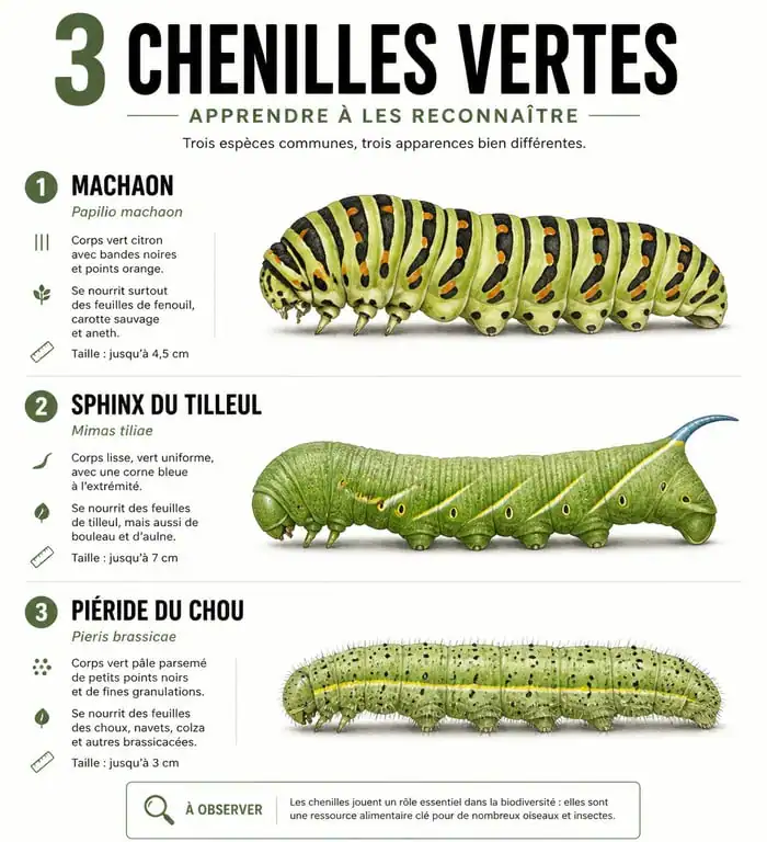 Identification des chenilles vertes au jardin : Machaon, Sphinx du tilleul et Piéride du chou