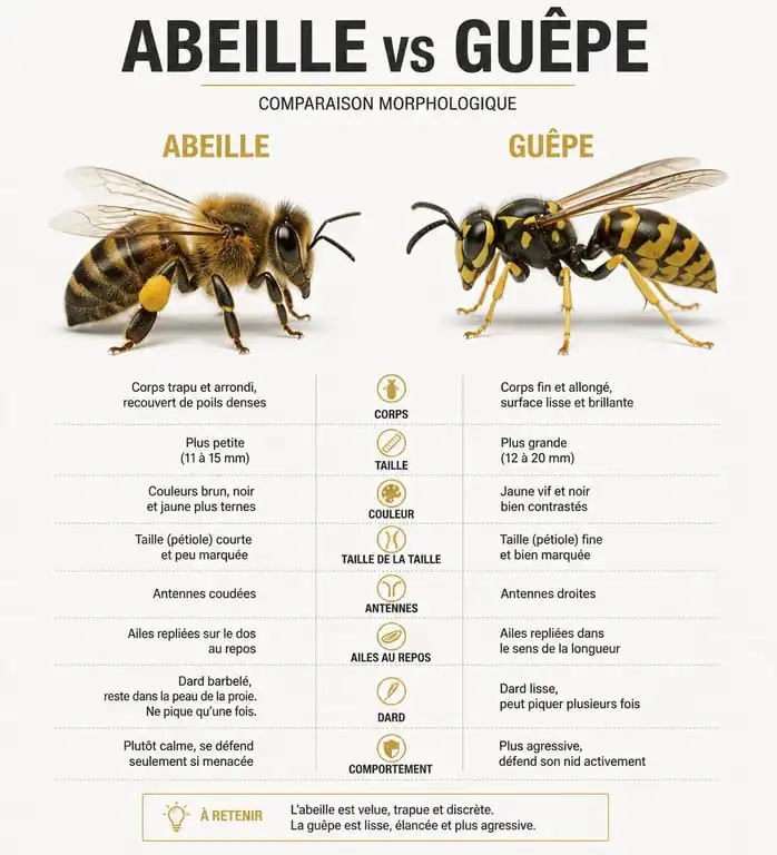Infographie comparative pour différencier une abeille d'une guêpe : identification visuelle des caractéristiques physiques.