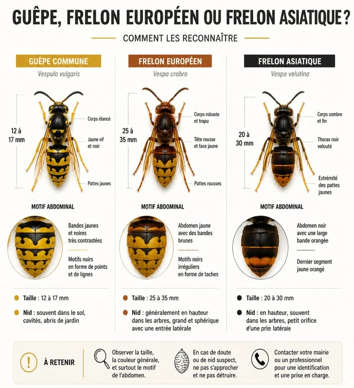 Infographie comparative pour identifier la différence entre guêpe, frelon européen et frelon asiatique