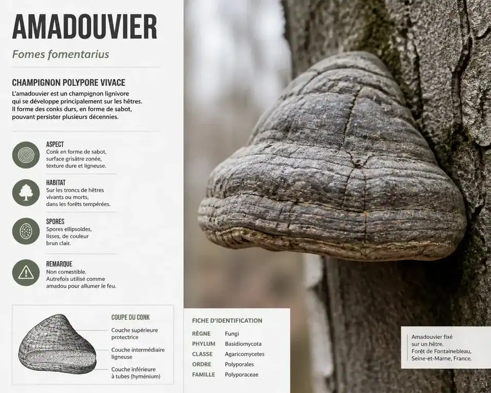 Amadouvier Fomes fomentarius sur un tronc d'arbre en forêt