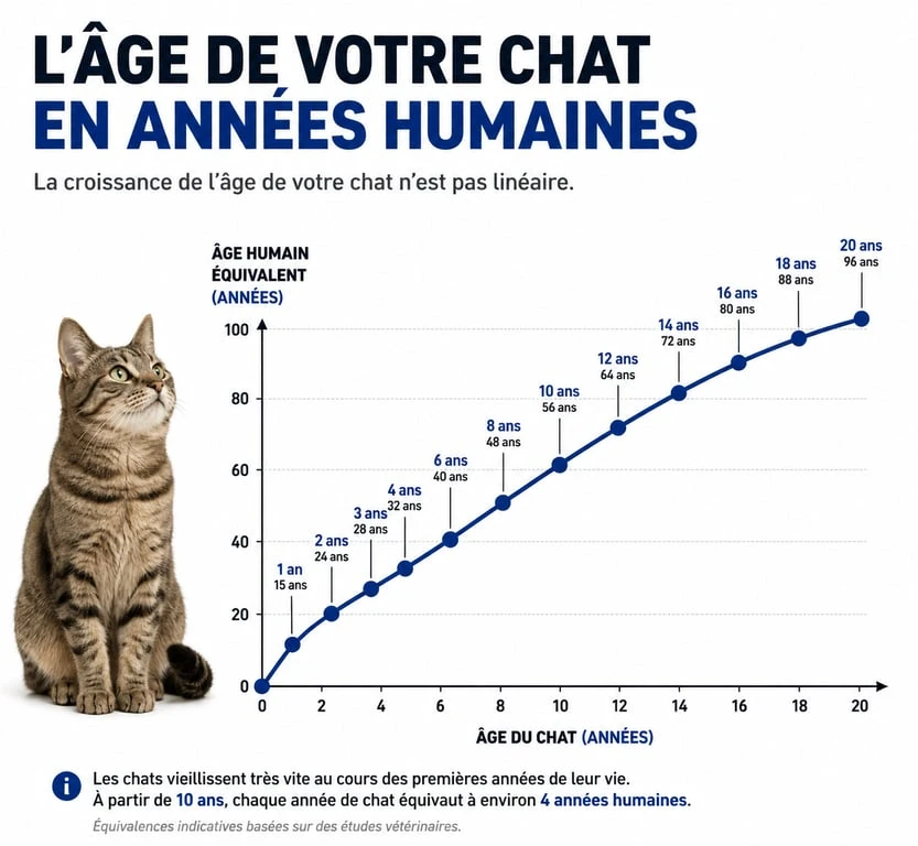 Infographie montrant la courbe de croissance de l'âge du chat en âge humain pour utiliser le convertisseur age chat