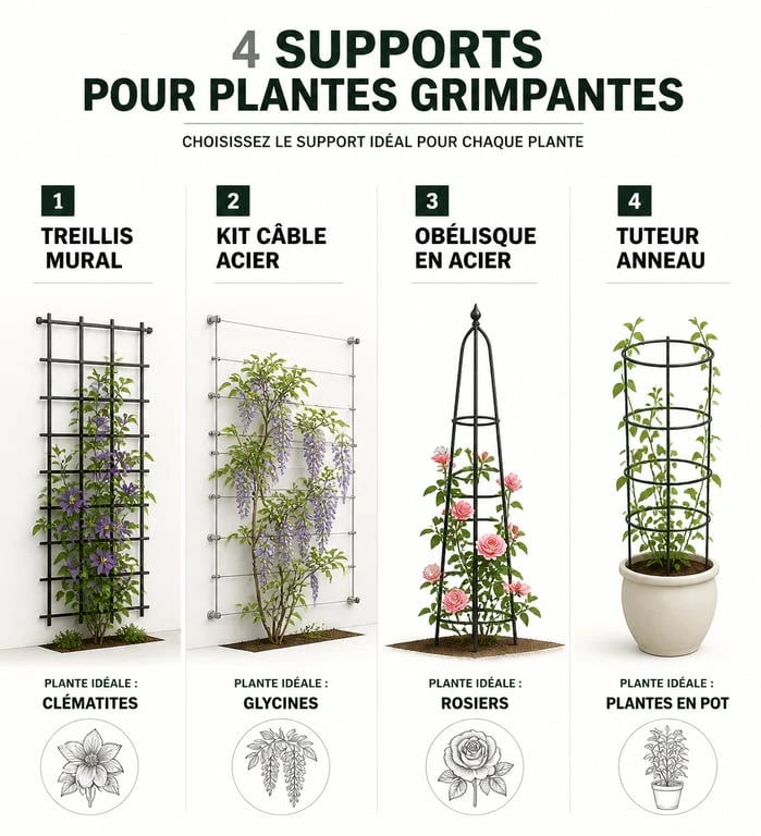 Infographie comparative des différents supports pour plantes grimpantes : treillis, câbles, obélisques et tuteurs pour le jardin.