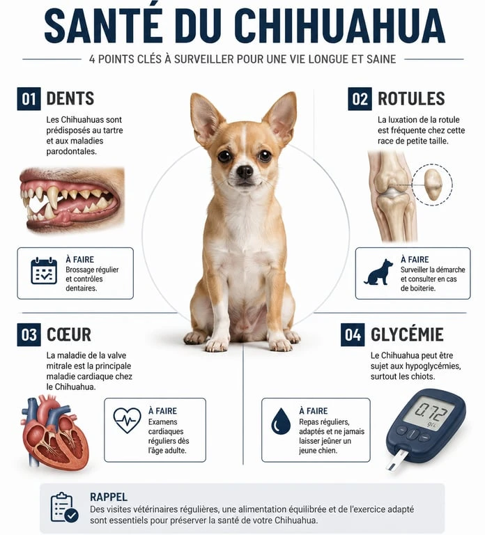 Infographie récapitulative des points de vigilance santé pour le Chihuahua poil court
