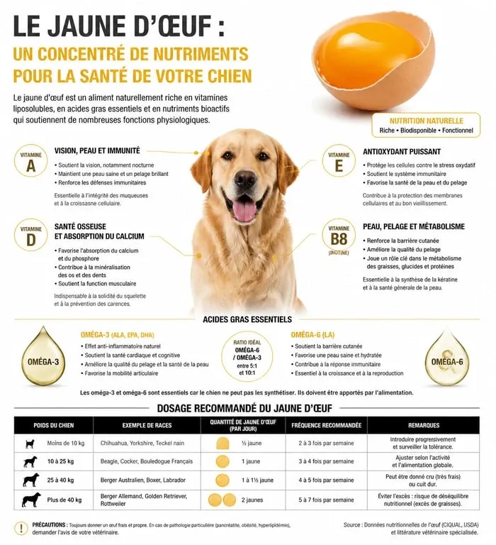 Infographie des bienfaits nutritionnels et dosages du jaune d'œuf pour chien