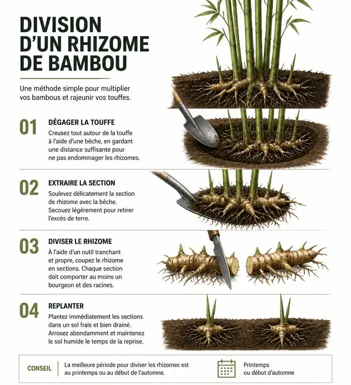 Illustration des étapes de division de rhizome pour la multiplication du bambou