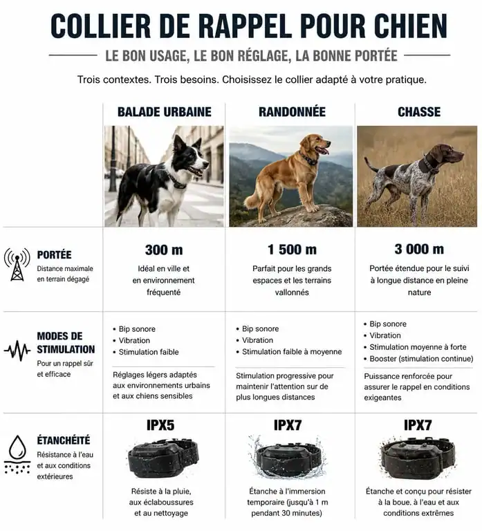 Infographie comparative des types de colliers de rappel pour chien selon l'usage