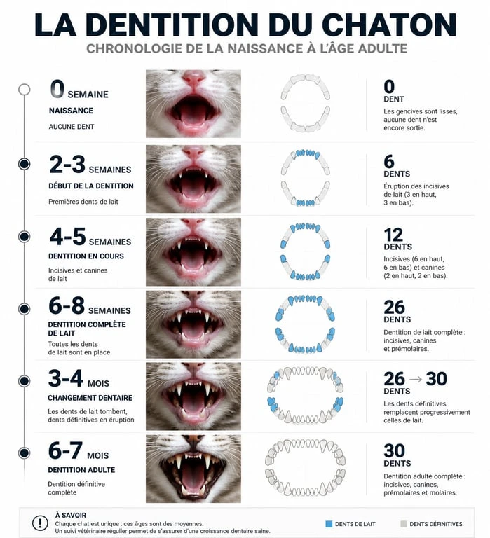 Chronologie de la perte des dents de lait chez le chaton et apparition des dents définitives