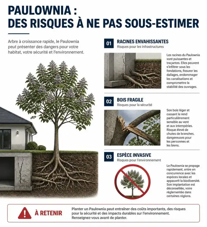Infographie des inconvénients et risques liés à la plantation d'un Paulownia dans un jardin
