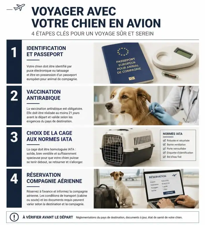 Infographie des étapes pour voyager avec son chien en avion