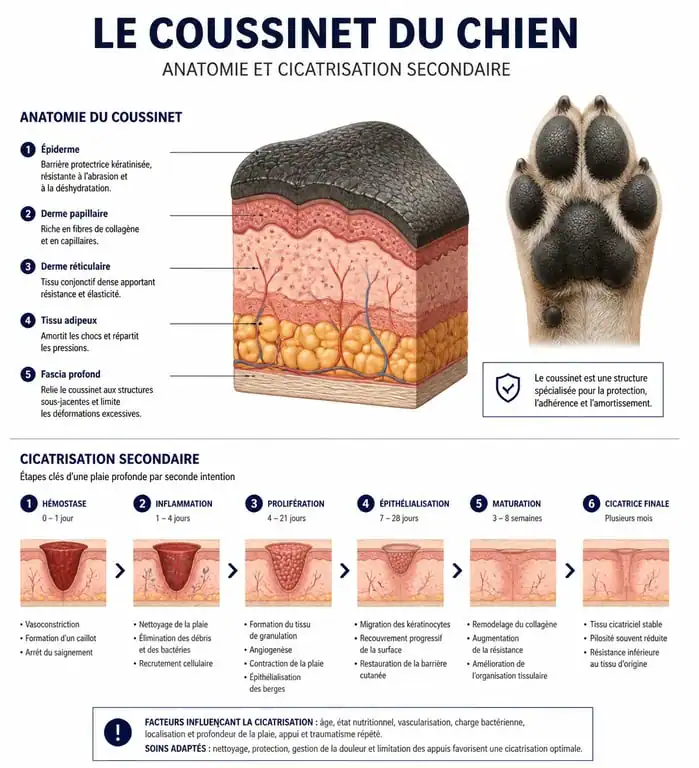 Schéma anatomique et étapes de cicatrisation d'un coussinet de chien arraché
