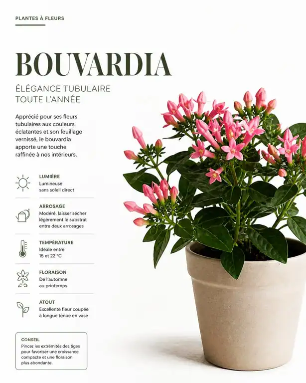 Plante de Bouvardia en pot avec fleurs tubulaires, guide d'entretien et culture