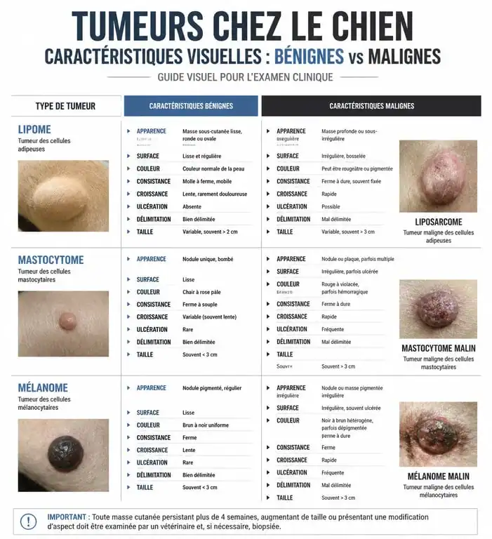 Comparaison visuelle des types de tumeurs chez le chien : bénignes vs malignes