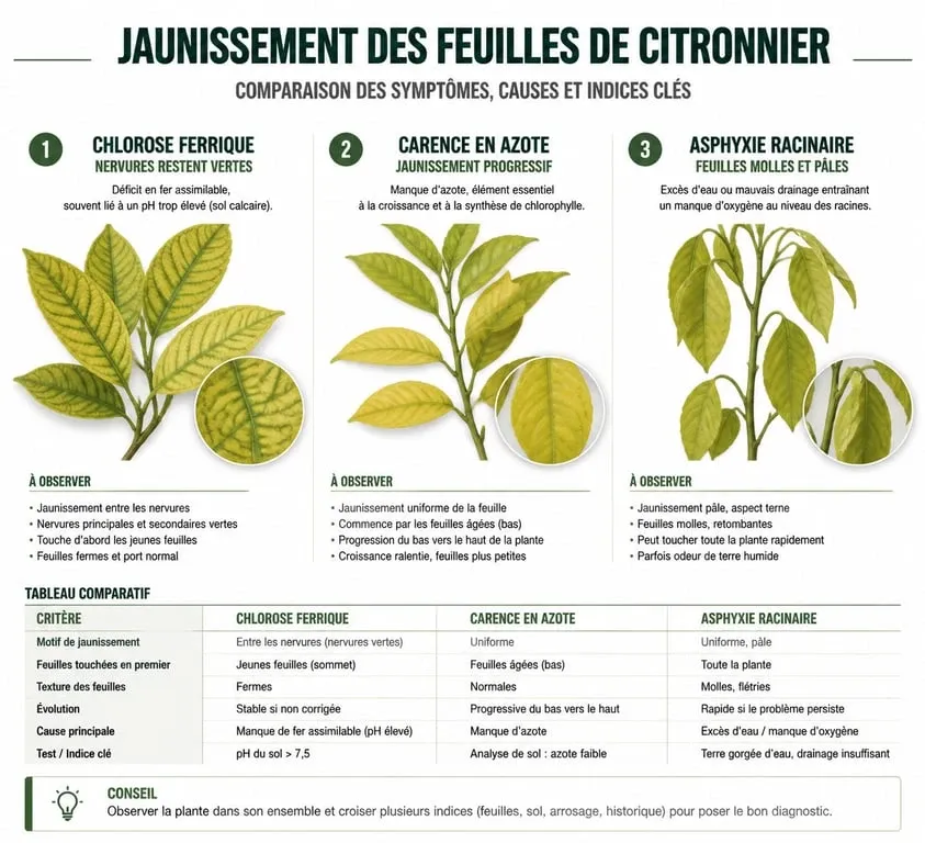 Infographie comparative des causes de jaunissement des feuilles de citronnier : chlorose ferrique, carence en azote et excès d'eau