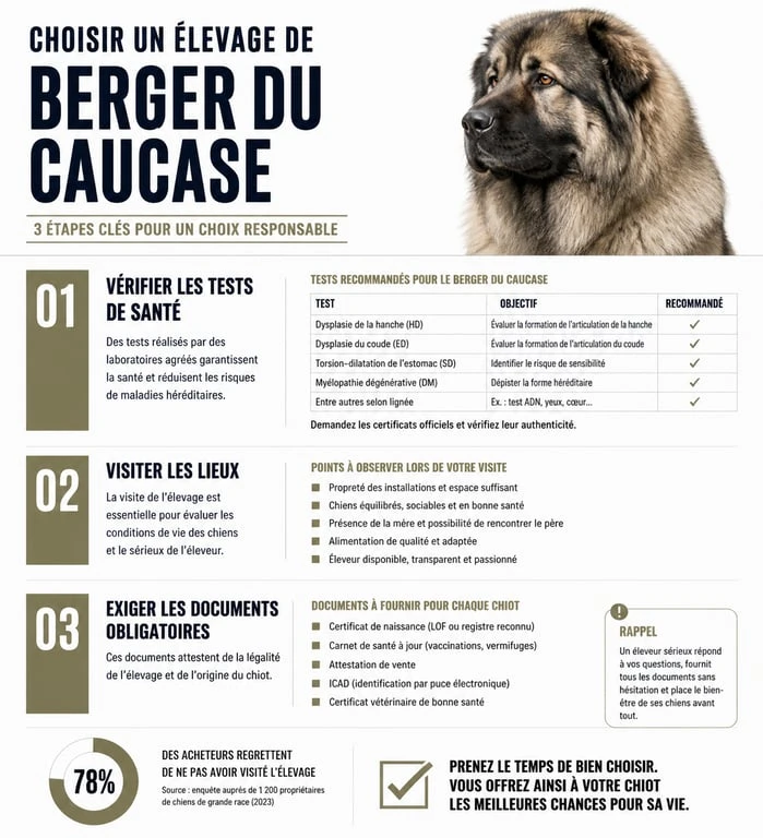 Infographie des étapes pour choisir un élevage de Berger du Caucase