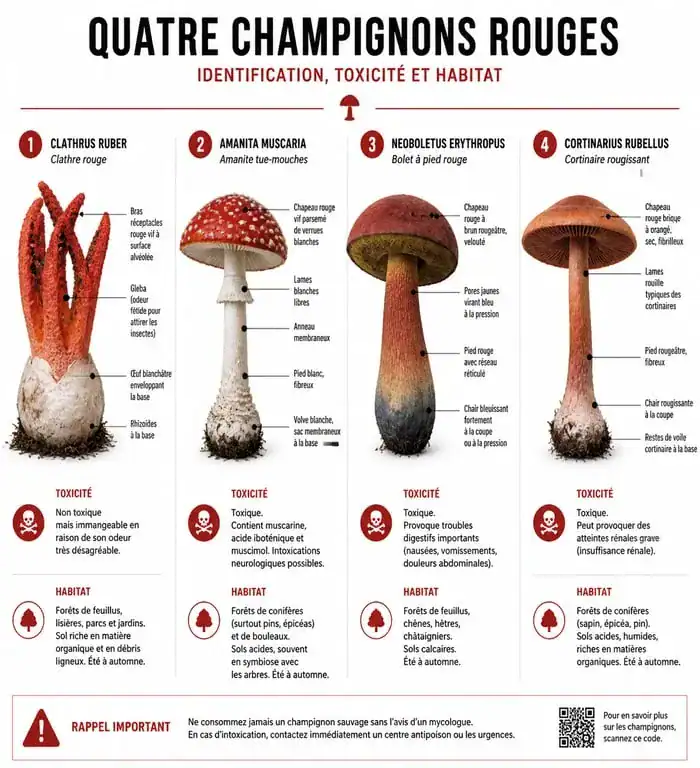 Infographie comparative des champignons rouges : identification, toxicité et habitat