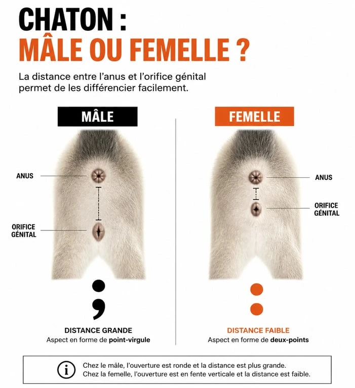 Schéma comparatif pour le sexage des chatons : différence anatomique entre mâle et femelle