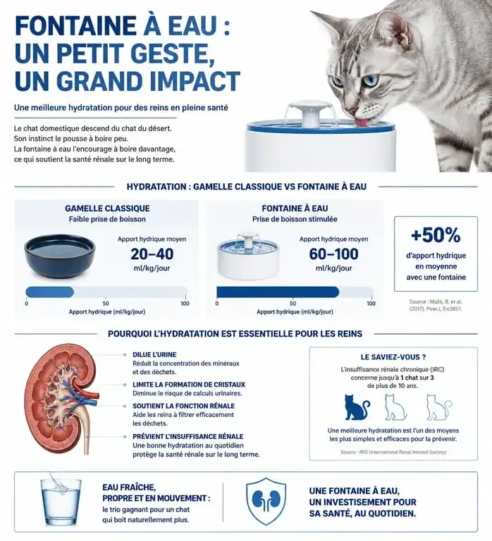 Infographie sur les bienfaits de la fontaine à eau pour la santé rénale et l'hydratation du chat