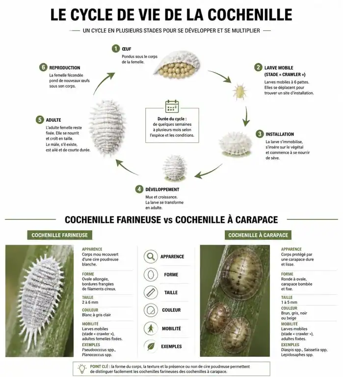 Infographie illustrant le cycle de vie de la cochenille et les méthodes de lutte contre la cochenille sur les plantes