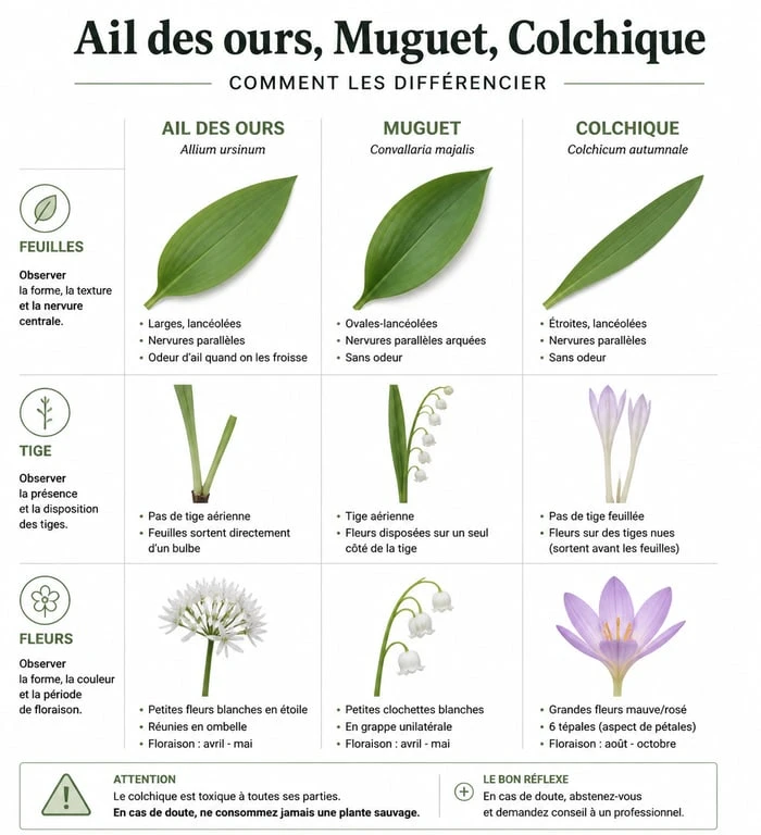 Infographie comparative pour l'identification de l'ail des ours et éviter la confusion avec le muguet et le colchique