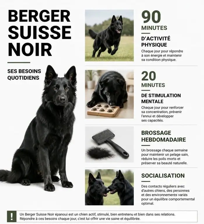 Infographie des besoins quotidiens et entretien du Berger Suisse Noir