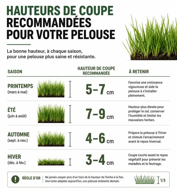 Infographie des hauteurs de coupe recommandées pour tondre la pelouse selon les saisons