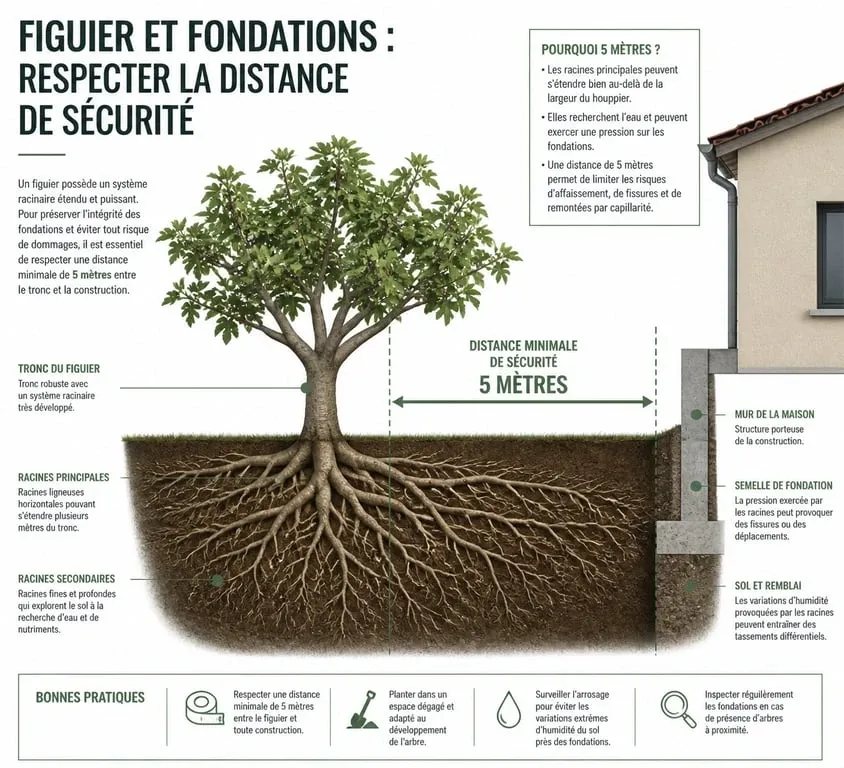 Schéma illustrant la distance de sécurité et les inconvénients du figuier pour les fondations et canalisations