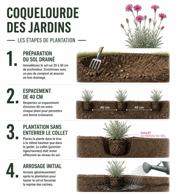 Infographie des étapes de plantation de la coquelourde des jardins pour réussir sa culture au jardin.