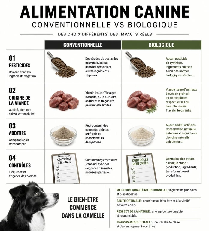 Infographie comparative des bienfaits des croquettes chien bio par rapport à l'alimentation conventionnelle