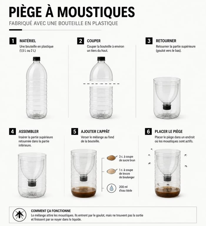 Schéma explicatif pour fabriquer un piège à moustiques maison avec une bouteille en plastique